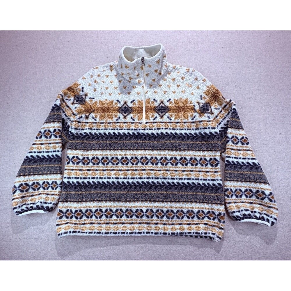 LL Bean Aztec Fair Isle Sherpa Fleece Quarter Zip Pullover Womens Large Gorpcore